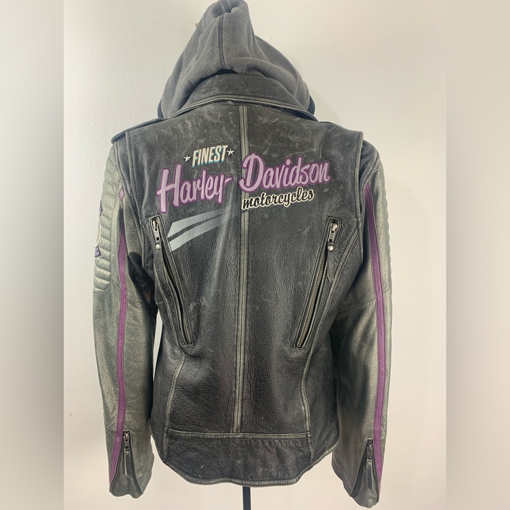 Harley-Davidson Black and Purple Speedy Leather Biker Jacket 3 in 1 Size Large